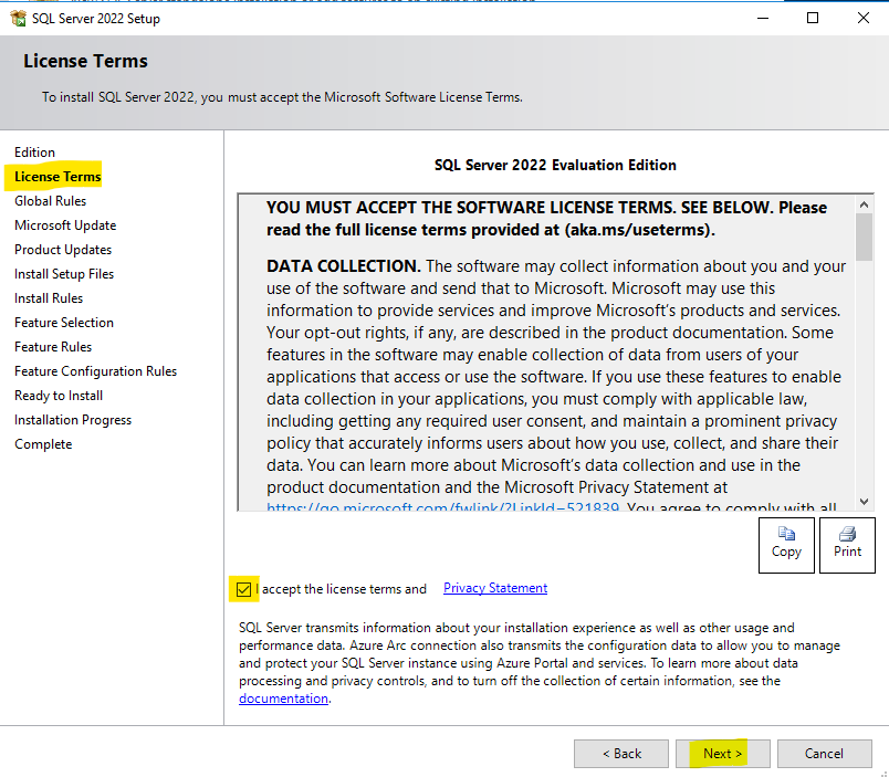 Accept the SQL SERVER Installation License Terms